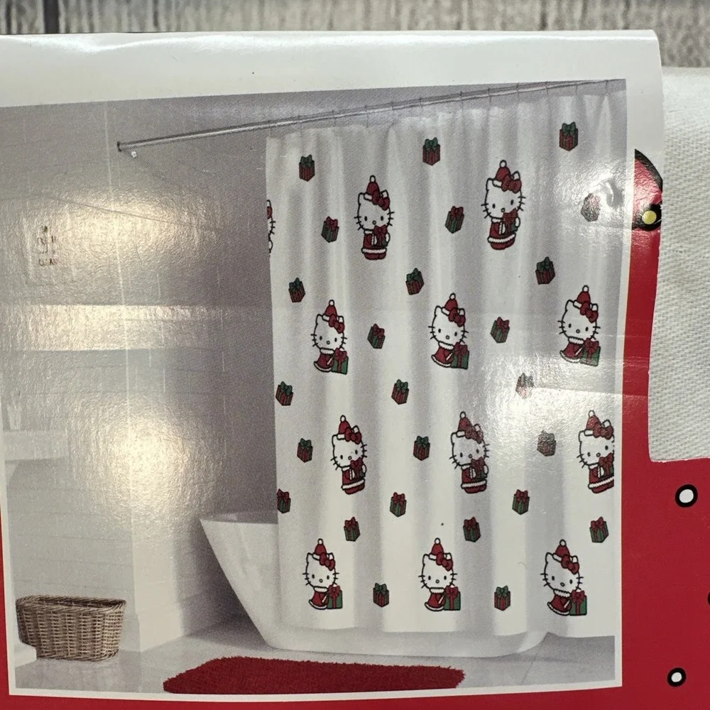 Hello Kitty Christmas Shower Curtain Sanrio Holiday Presents Festive White Red